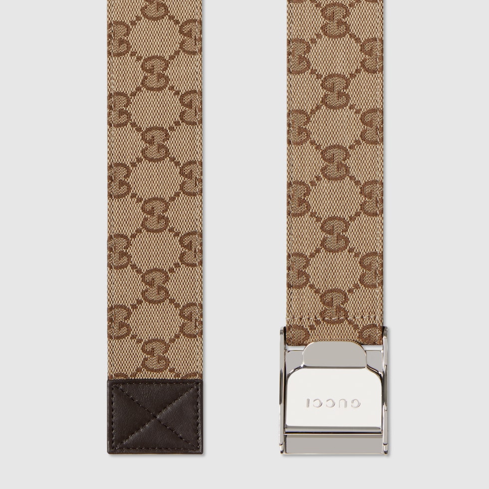 Belt with lift buckle in beige and brown GG canvas | GUCCI® US