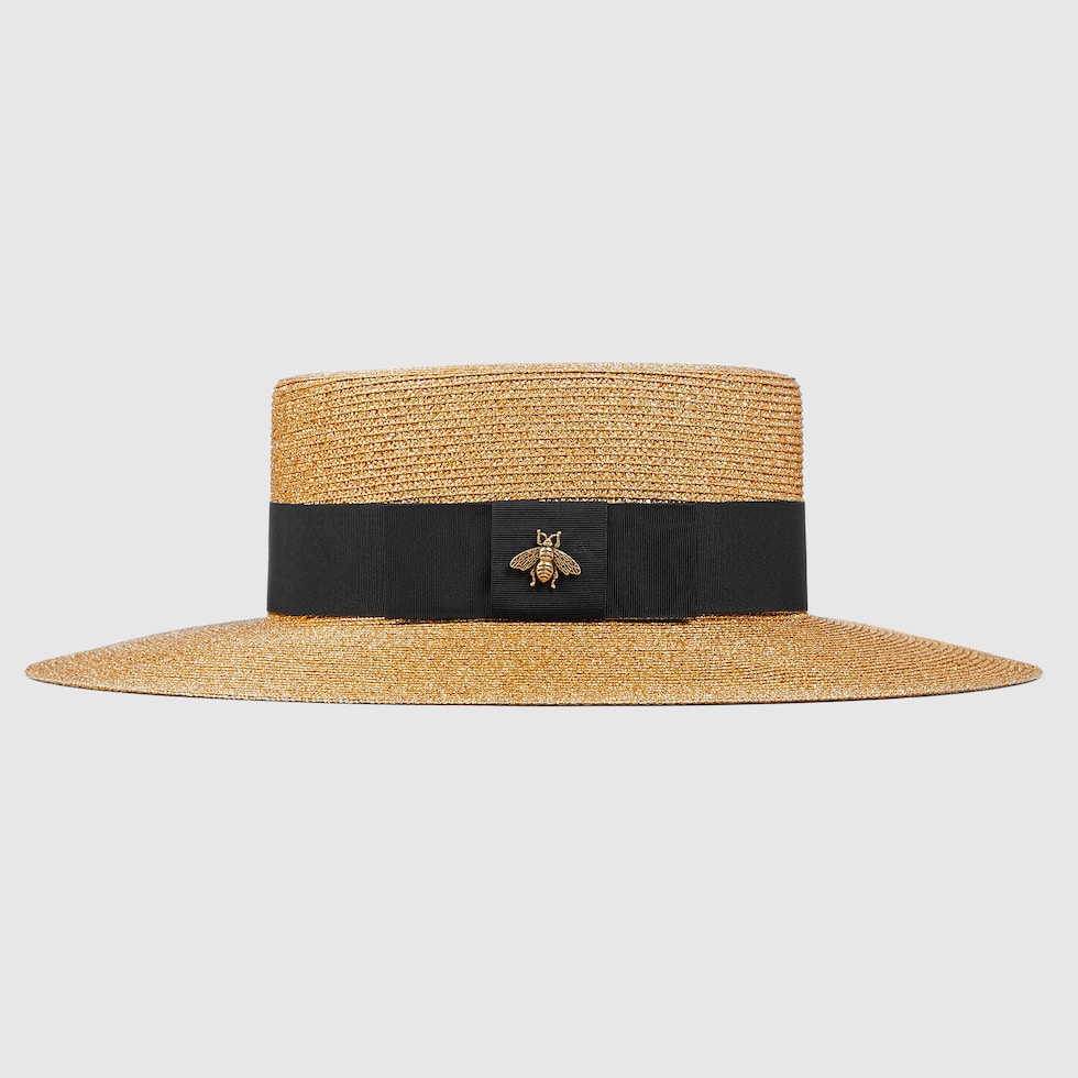 GUCCI カンカン帽　蜂モチーフ ラメ ゴールド Lamé papier hat in black and gold lamé | GUCCI® US