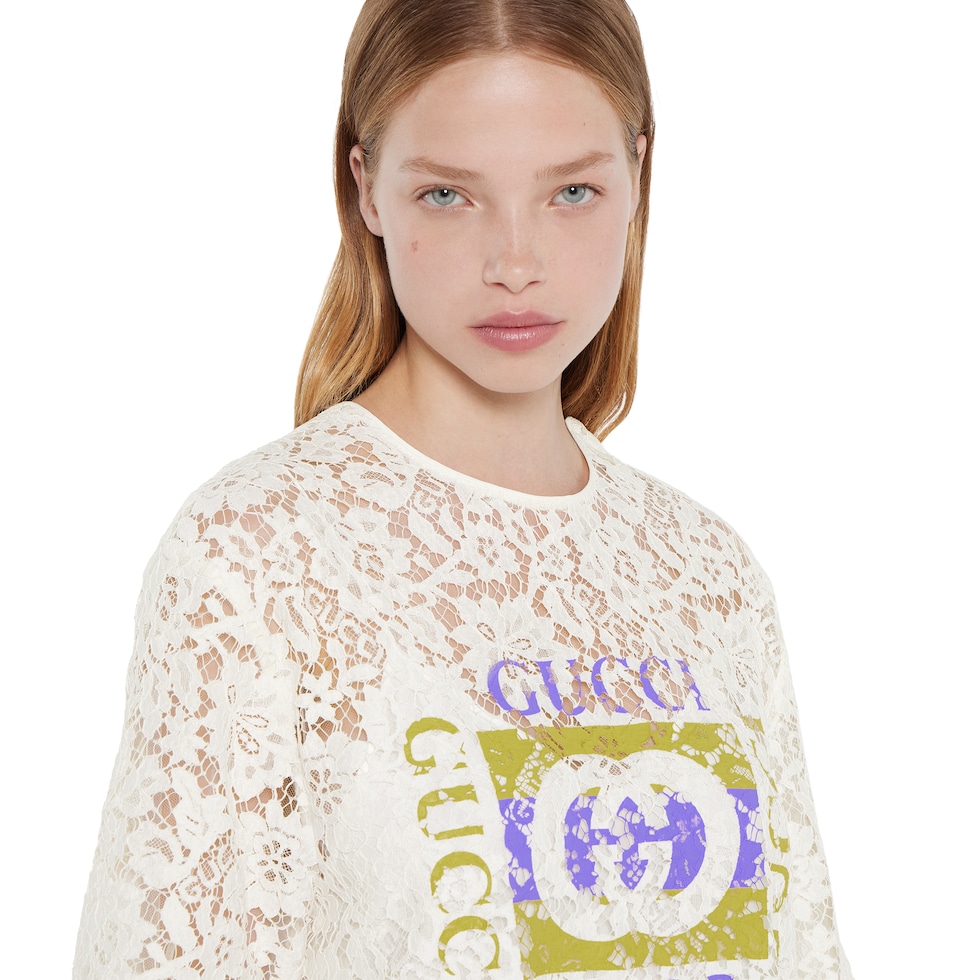 新作【GUCCI】GUCCI ウェブ プリント フローラル レース トップ GUCCI フローラル レース トップオフホワイト | GUCCI公式