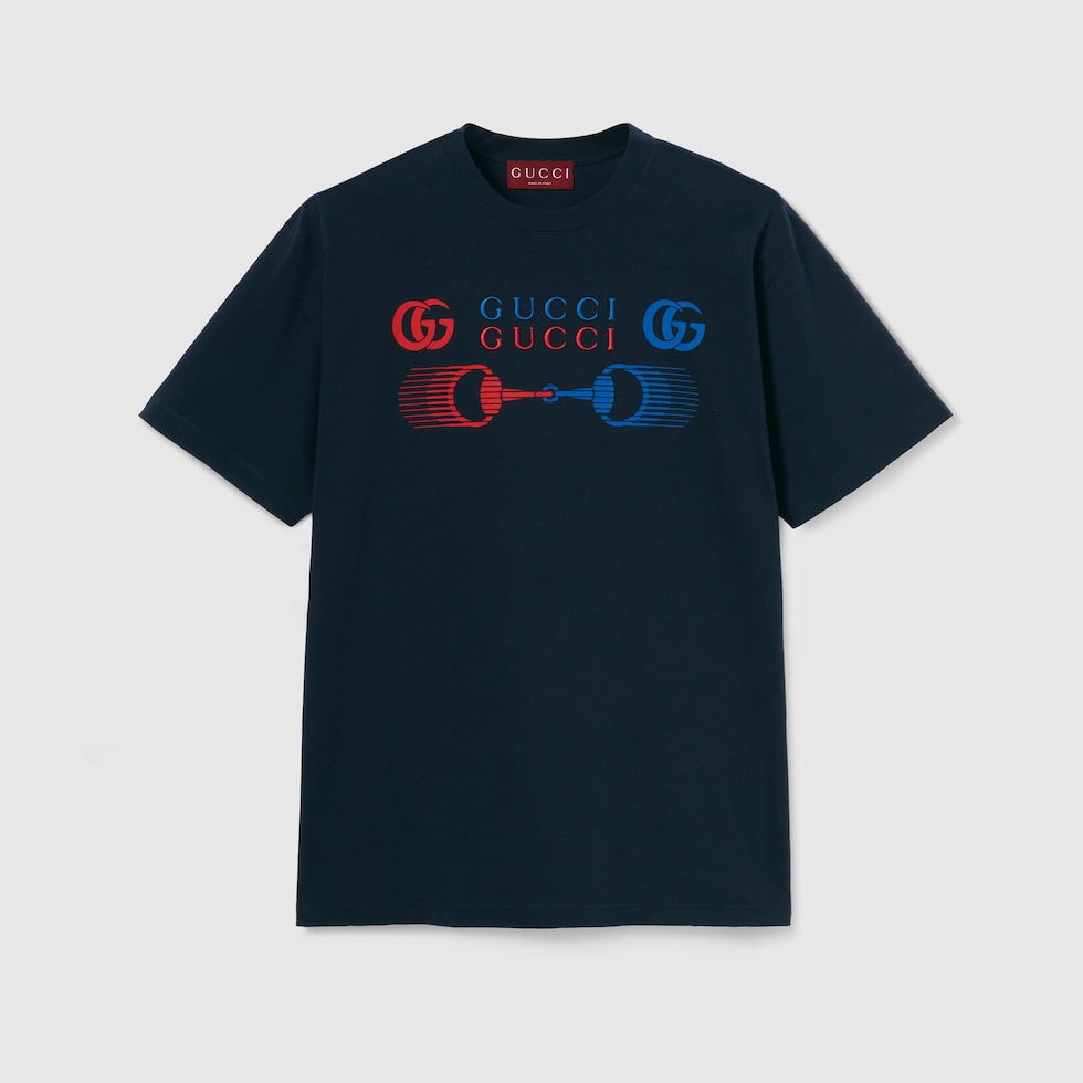【関送込】GUCCI ネイビー プリント ジャージー Tシャツ コットンジャージー プリント Tシャツネイビー | GUCCI公式