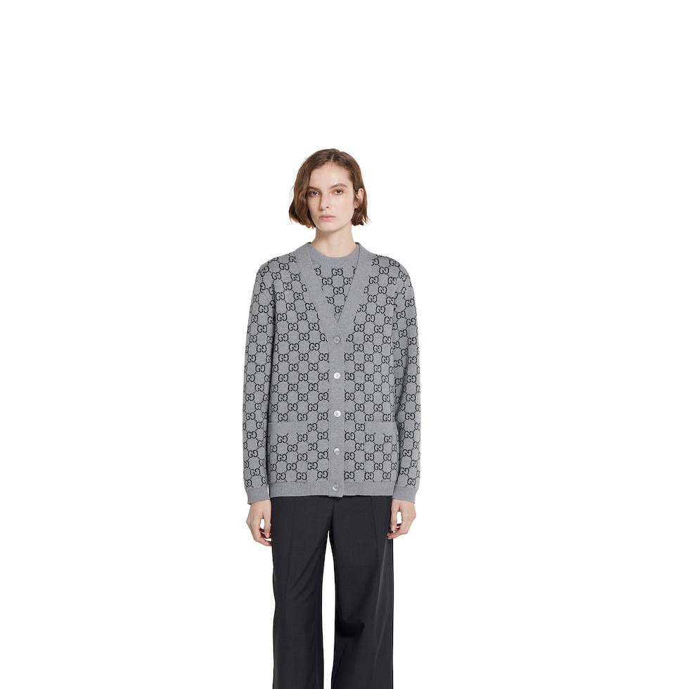 Reversible GG wool jacquard cardigan in grey and black