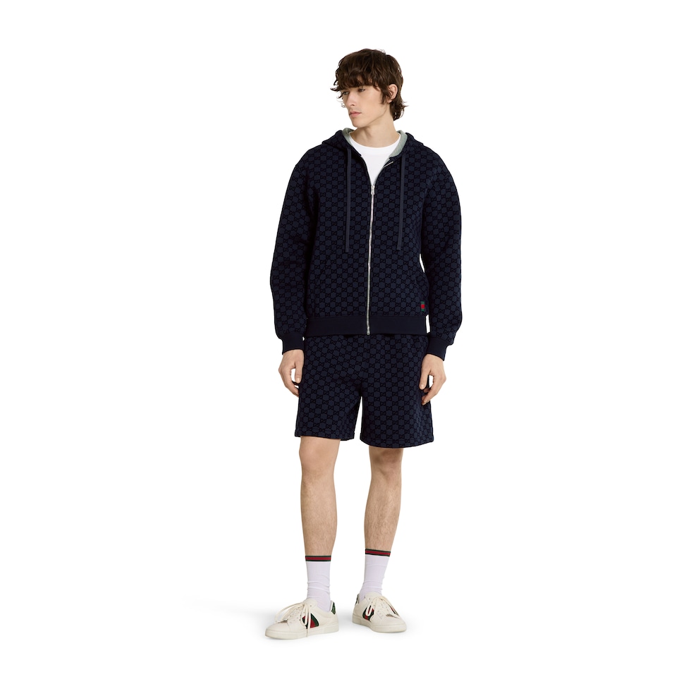 G*a様 short length double-zip blouson 42 Printed double jersey viscose zip jacket in navy | GUCCI® CA