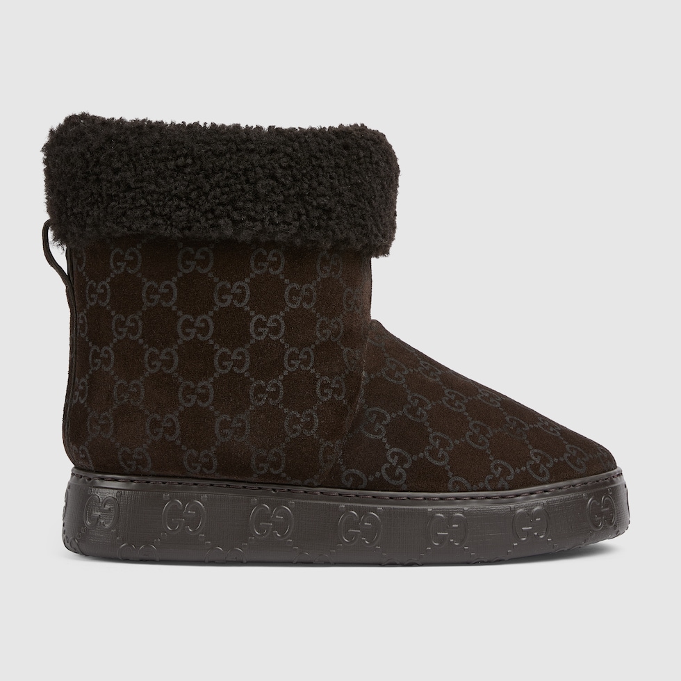 Women's boot with merino wool lining in dark brown suede | GUCCI® US