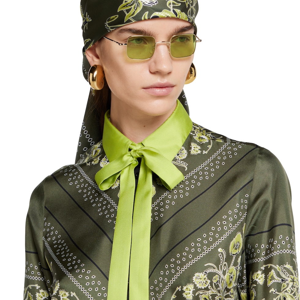 Printed silk twill shirt in forest green | GUCCI® US