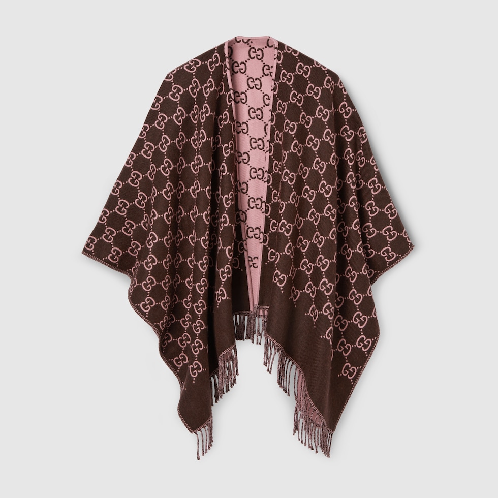 GG wool jacquard cape in dark brown and pink | GUCCI® US