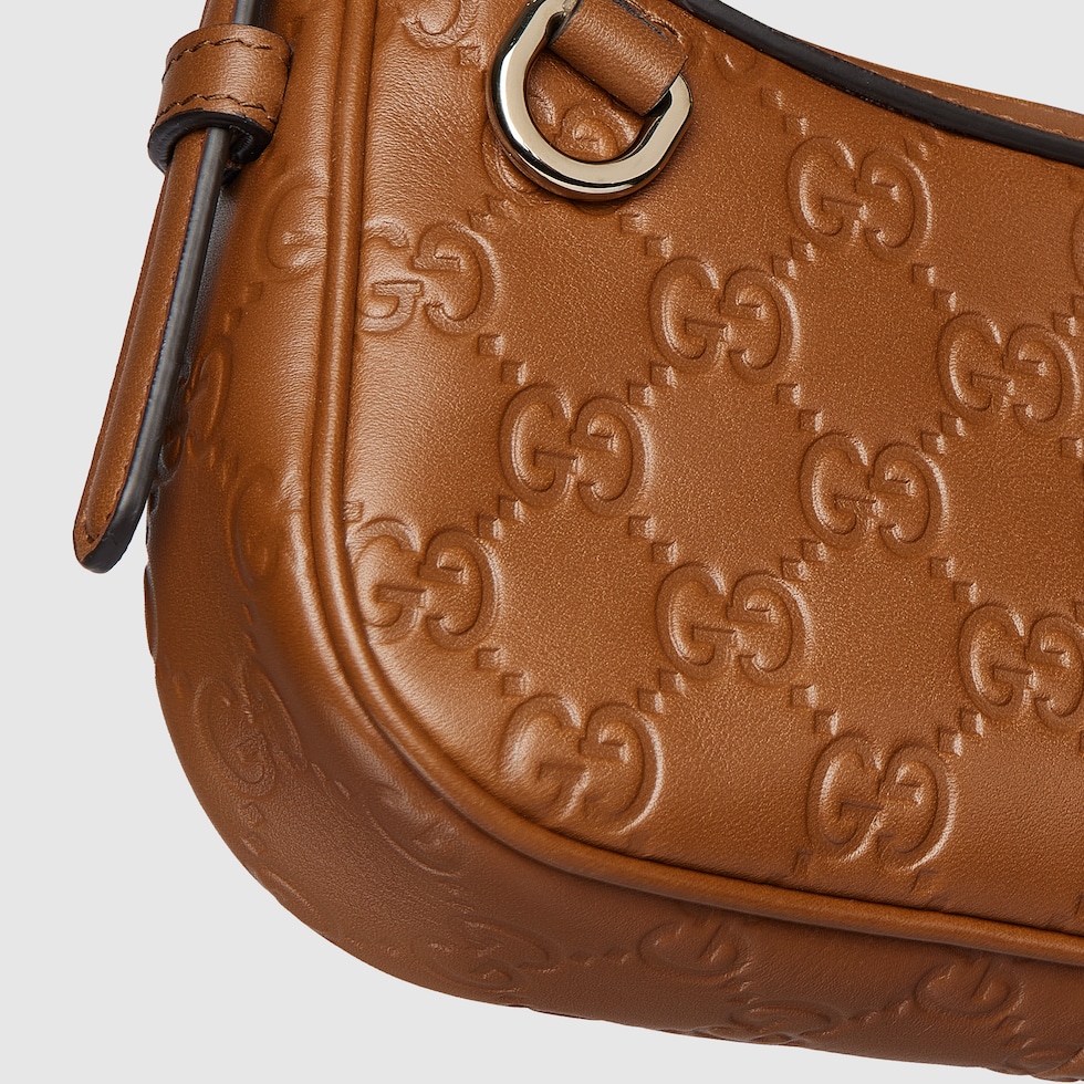 Gucci Emblem Mini Shoulder Bag Beige Brown Canvas Leather 244486
