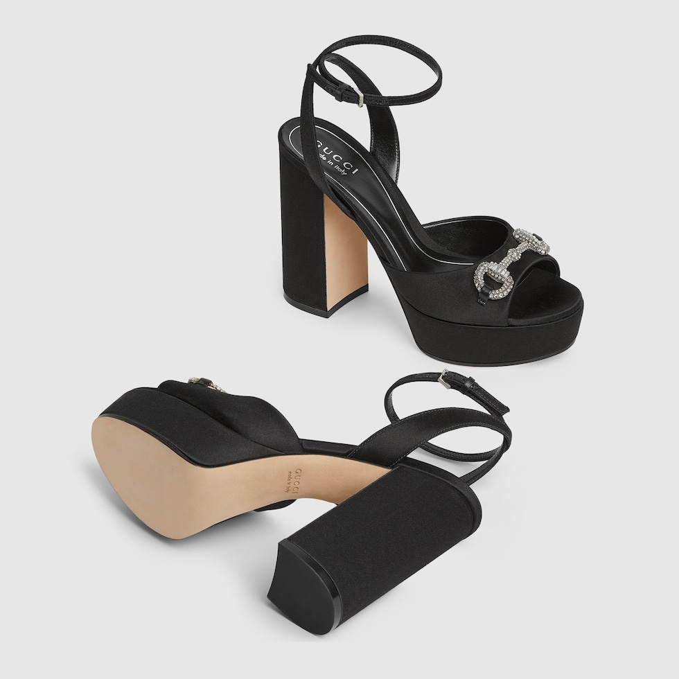Women's platform sandal with crystal Horsebit in black satin