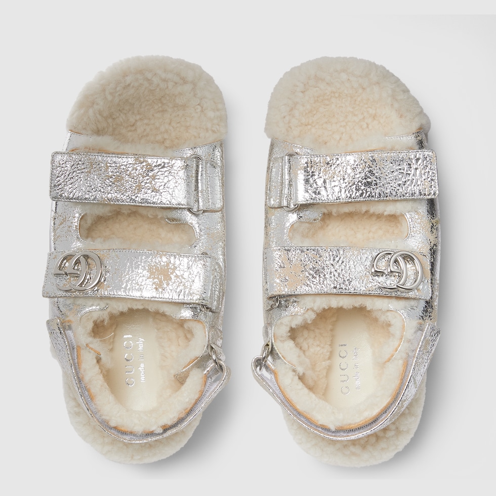 Women's sandal with Double G in silver textured leather | GUCCI® US