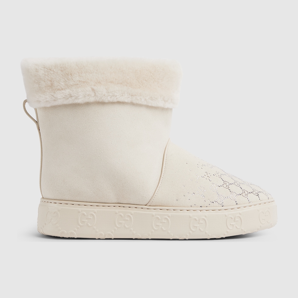 Women's boot with merino wool lining in white suede | GUCCI® US