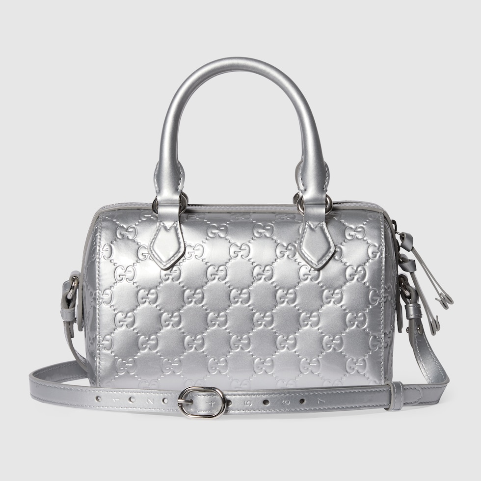 GGエンブレム〕スモール ボストンバッグ ・シルバー GGレザー | GUCCI公式