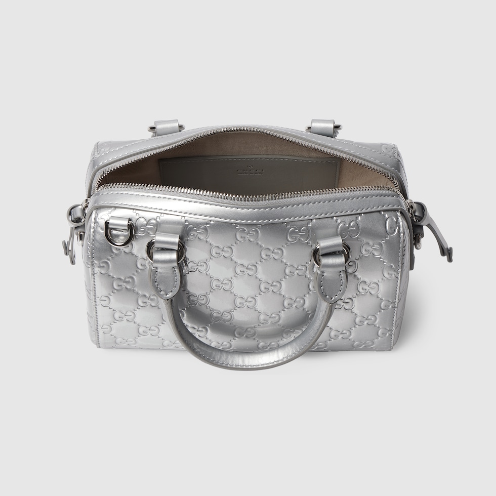 GGエンブレム〕スモール ボストンバッグ ・シルバー GGレザー | GUCCI公式