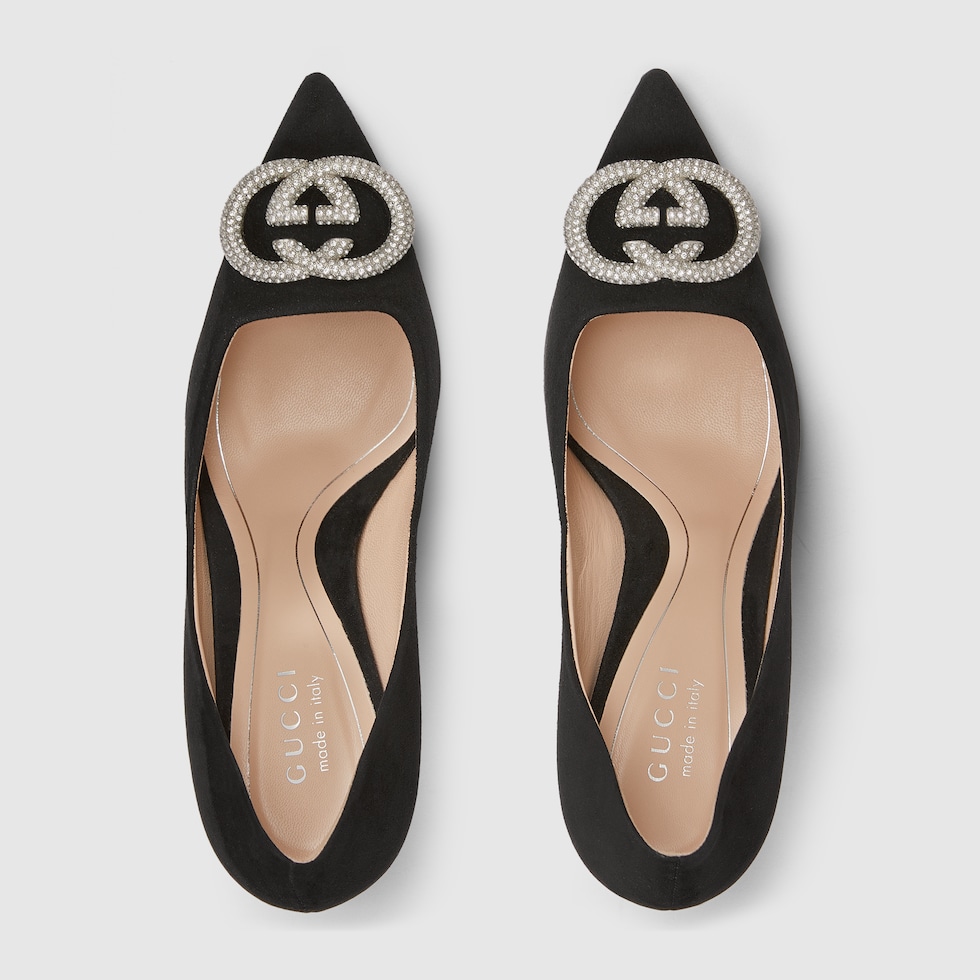 Women's pump with crystal Interlocking G in black suede | GUCCI® US