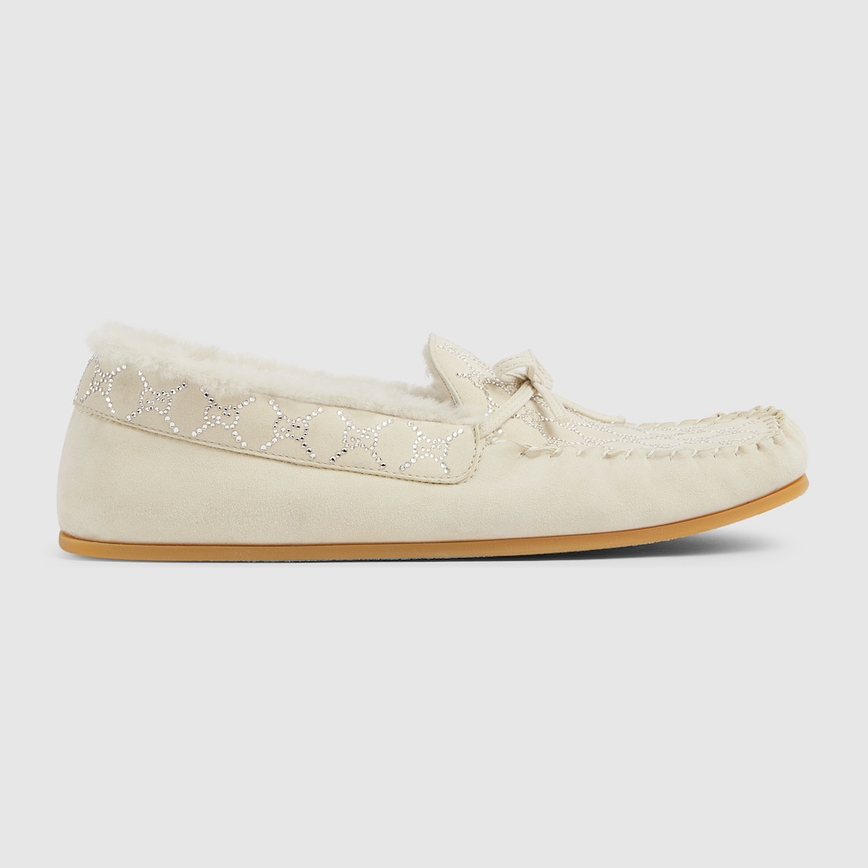 Women's GG crystal driver loafer in white suede | GUCCI® US