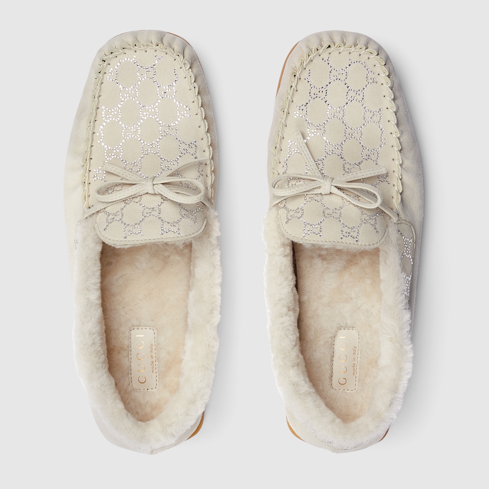 Women's GG crystal driver loafer in white suede | GUCCI® US