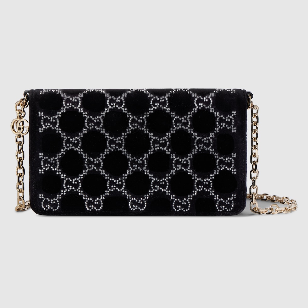 GG crystals wallet on chain in black velvet | GUCCI® US