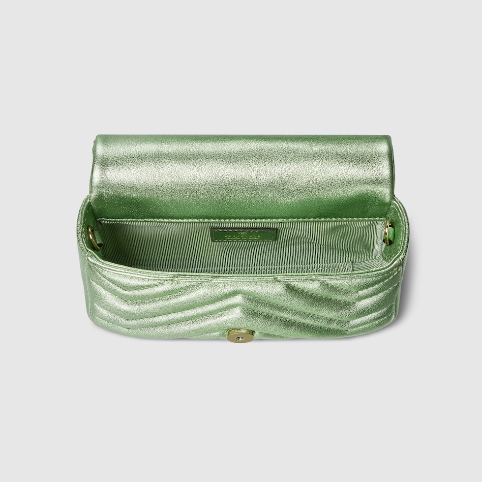 GG Marmont mini shoulder bag in pale green lamé leather | GUCCI® US