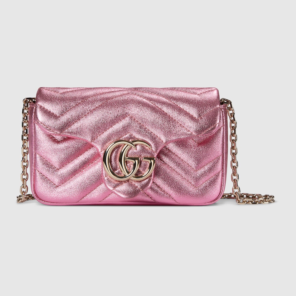 GG Marmont mini shoulder bag in bright pink lamé leather | GUCCI® US