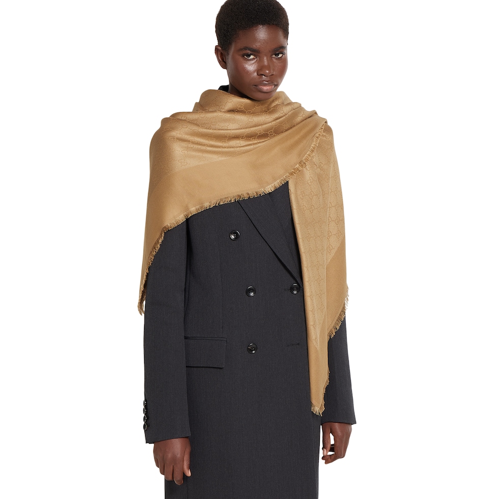 ky304【美品】GUCCI ホルターネック キャメル シルク100 S GG silk cotton jacquard shawl in beige | GUCCI® US