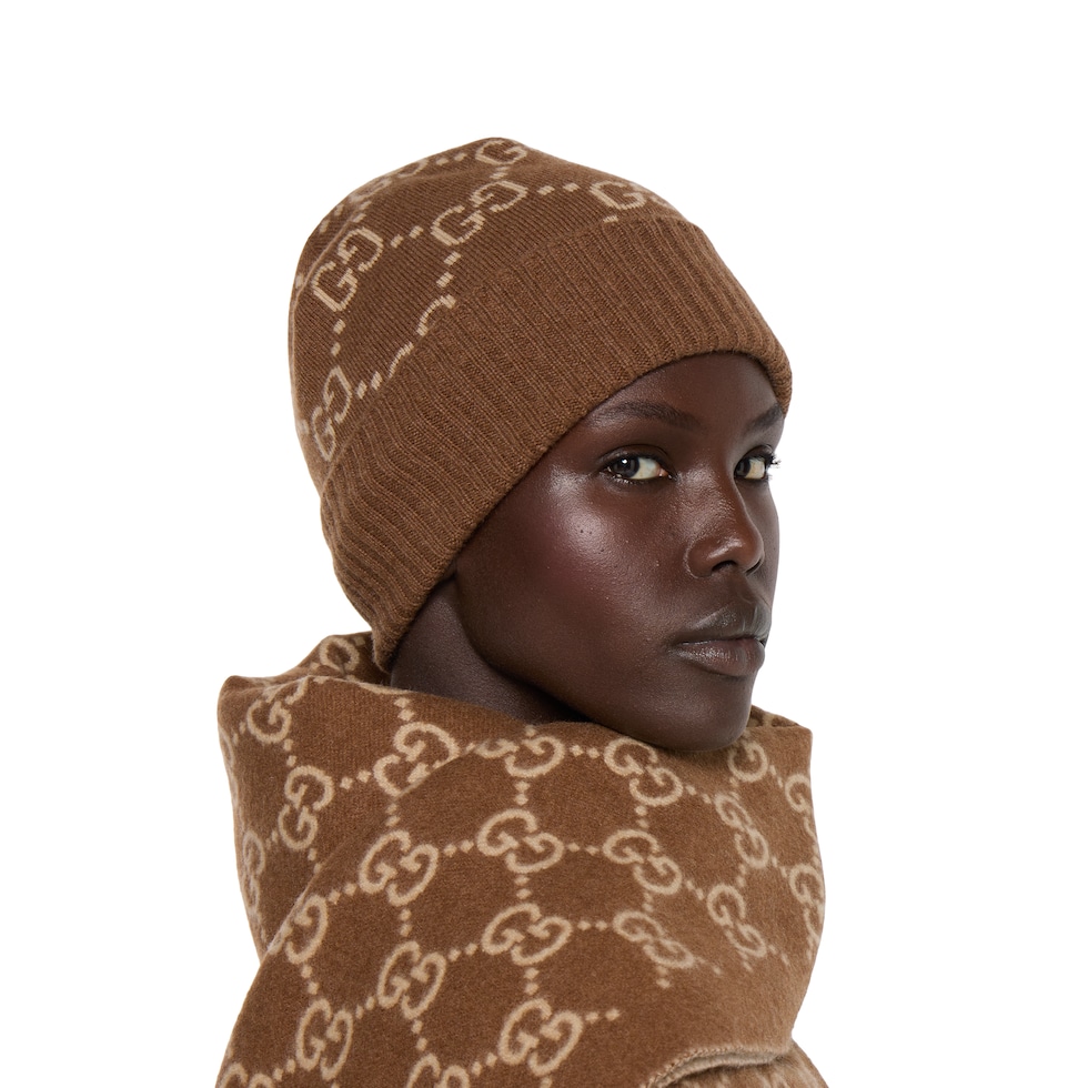 GG cashmere jacquard hat in dark brown and beige | GUCCI® US