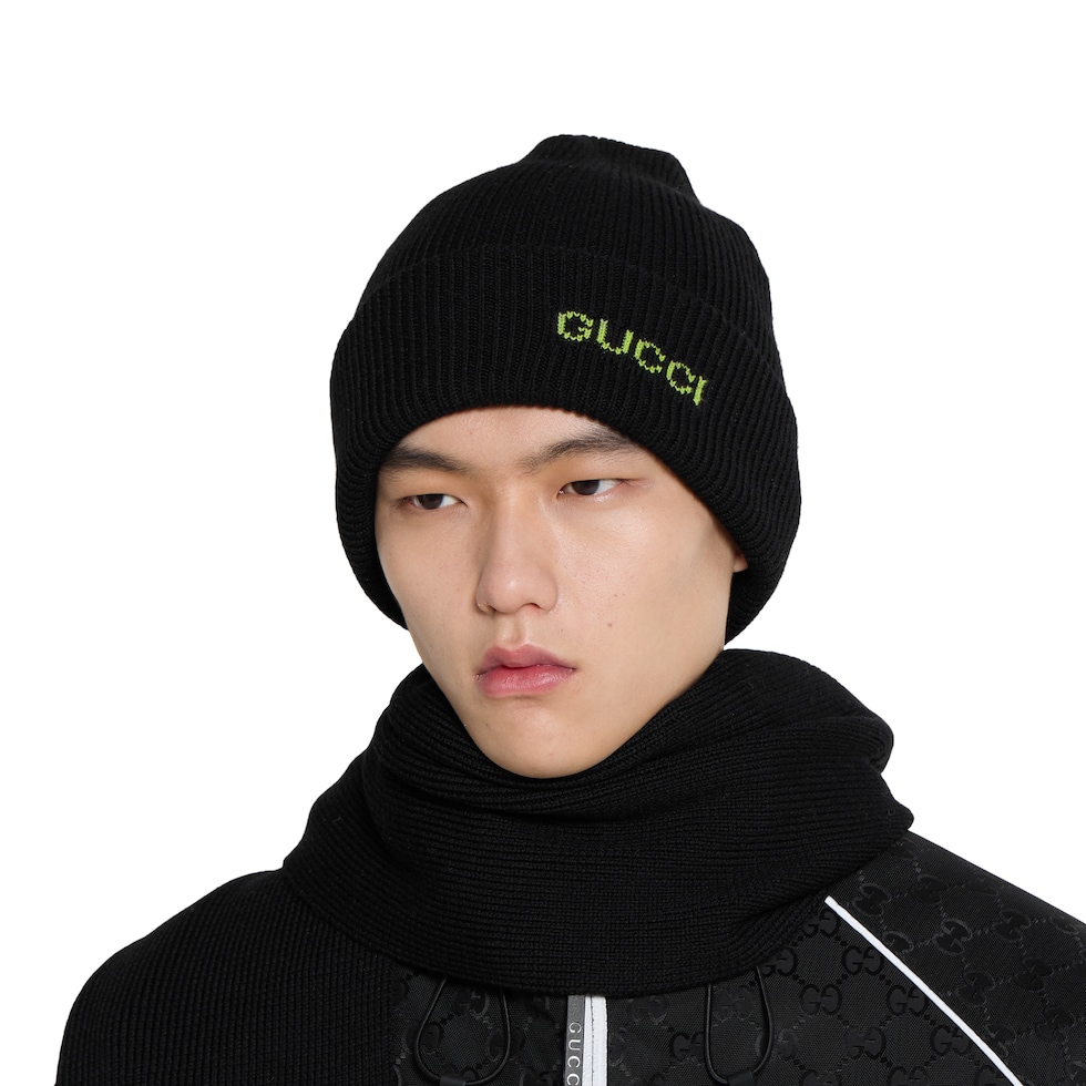 Wool hat with embroidery in black | GUCCI® US