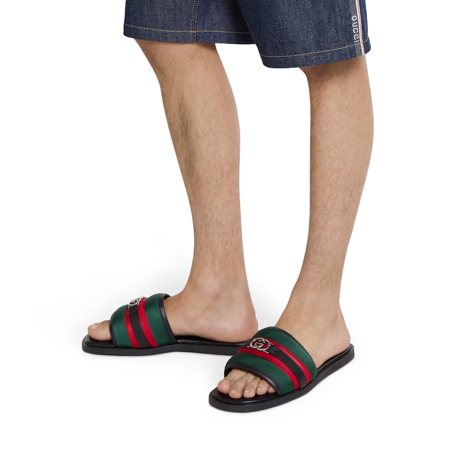 Men's slide sandal with Interlocking G in green and red nylon