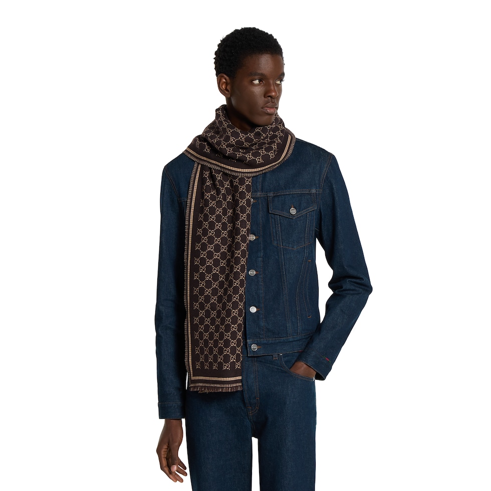 GG wool jacquard scarf in dark brown and beige | GUCCI® US