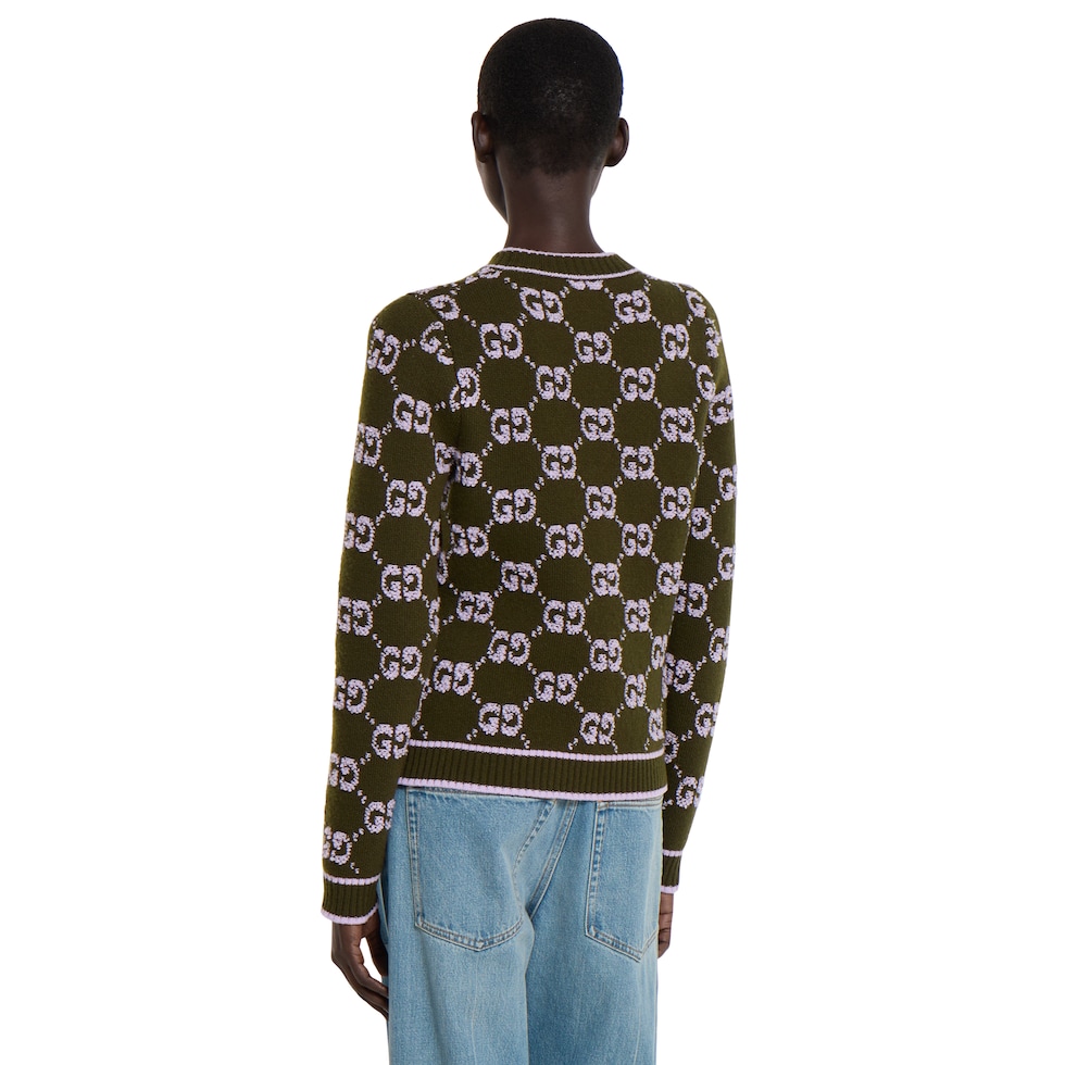 GG wool bouclé jacquard cardigan in forest green and lilac