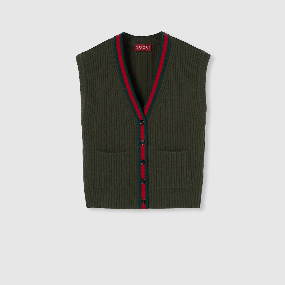 Rib felted wool cardigan vest with Web in dark green | GUCCI® UK