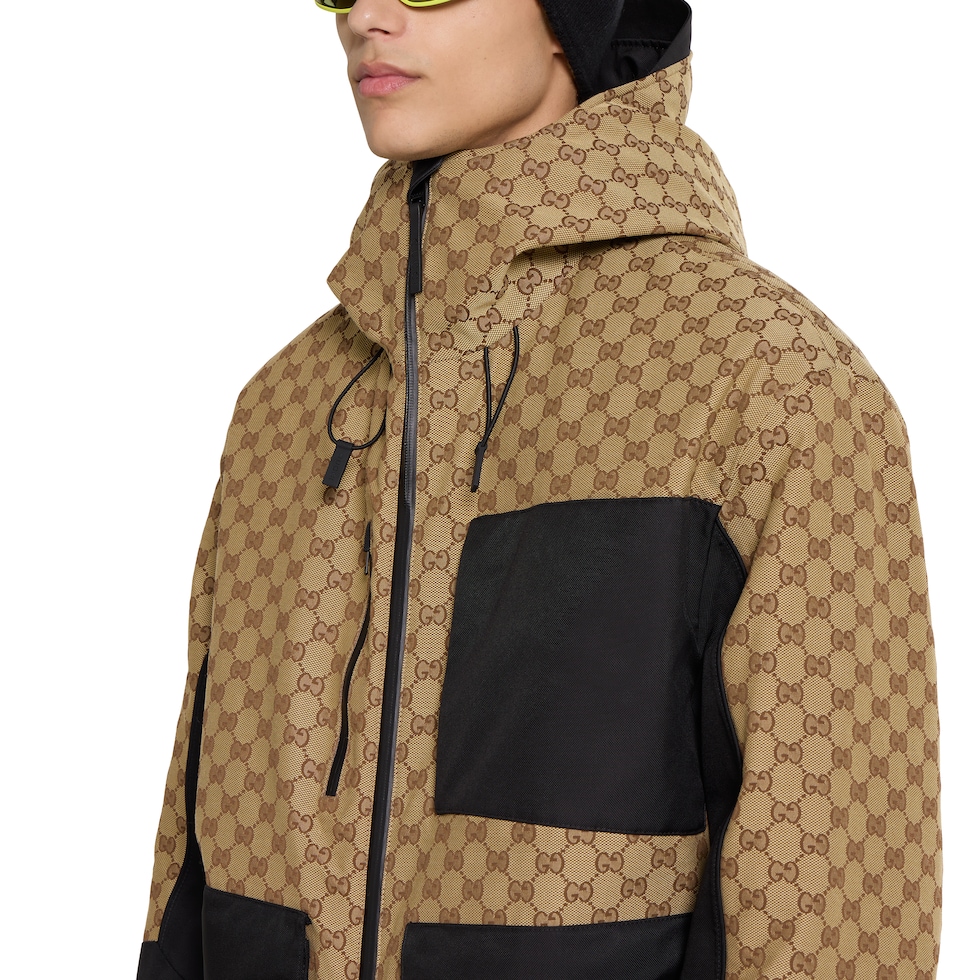 GG technical fabric jacquard jacket in beige and dark brown