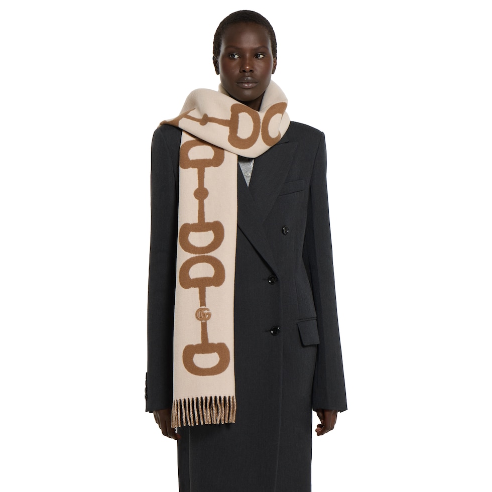 Wool cashmere scarf with intarsia in ivory and beige | GUCCI® US