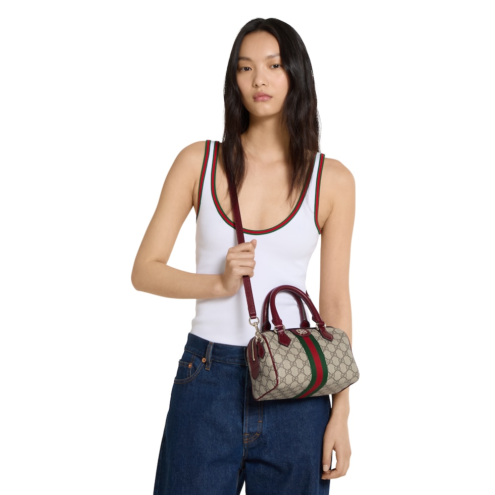 Ophidia small boston bag in beige and brown GG fabric