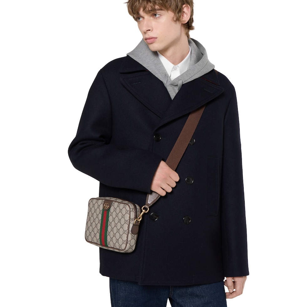 Ophidia small crossbody bag in beige and dark brown fabric