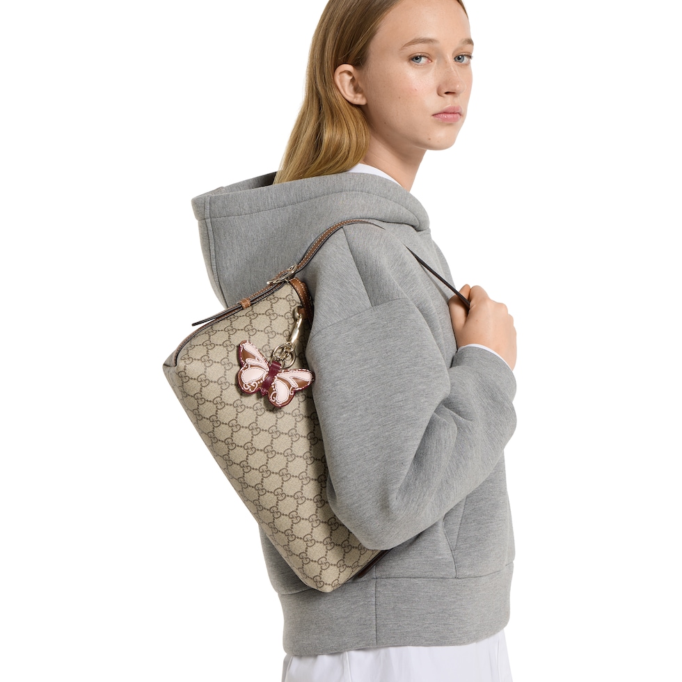 GG Emblem medium shoulder bag in beige and dark brown fabric