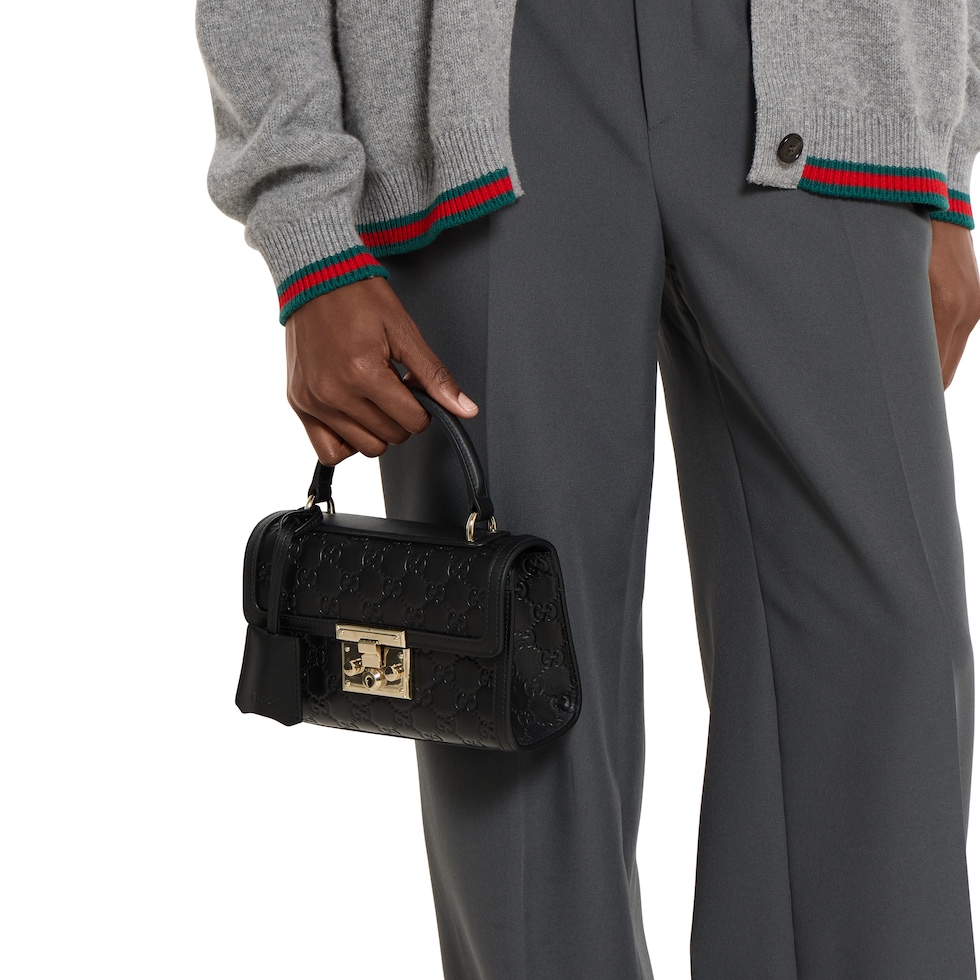 Padlock small top handle bag in black GG leather | GUCCI® UK