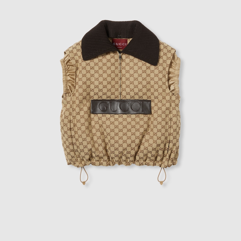 GG canvas gilet with leather label in camel and dark brown | GUCCI® US