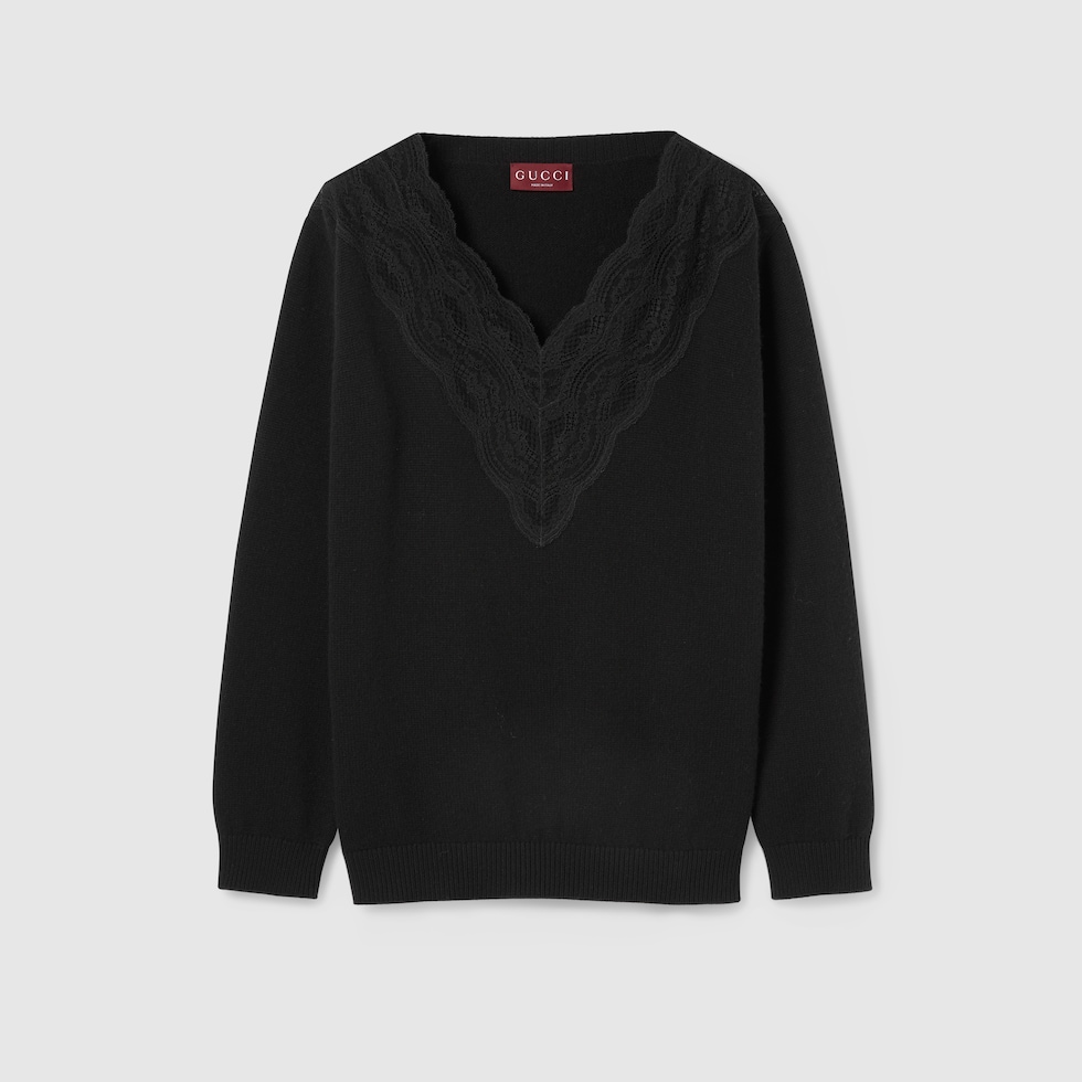 Wool and cashmere sweater with lace in black | GUCCI® US