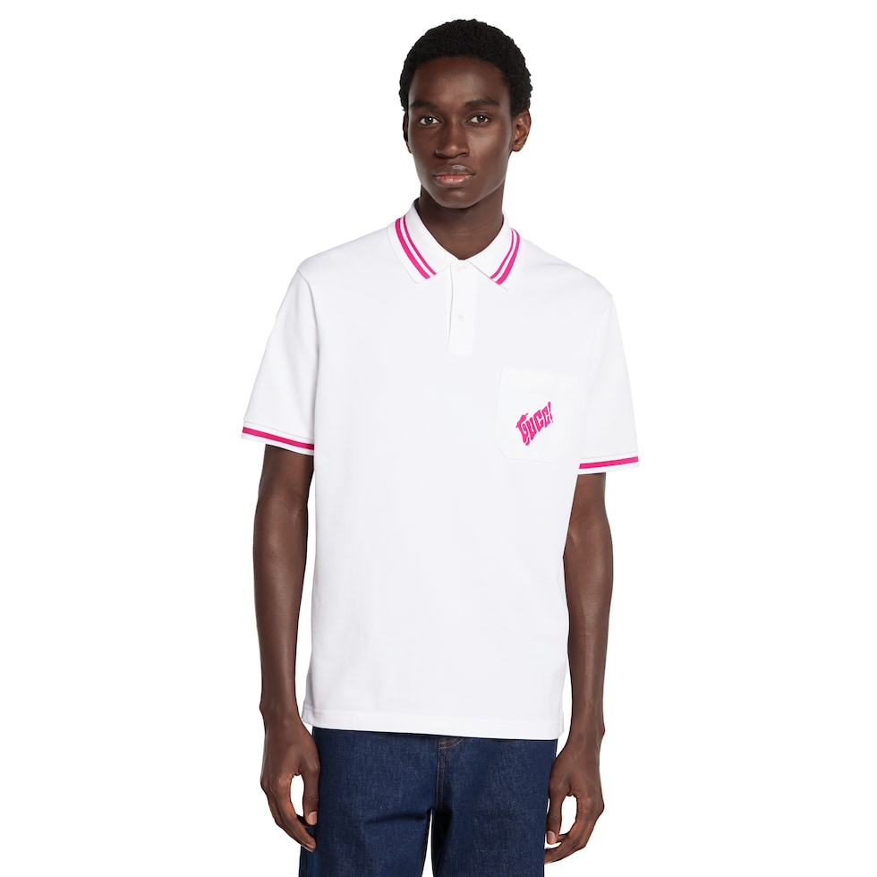 Cotton polo shirt with embroidery in white | GUCCI® US