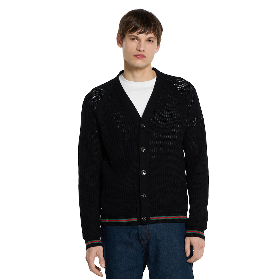 ウェブ ストライプ付き コットンニット カーディガン ・ブラック