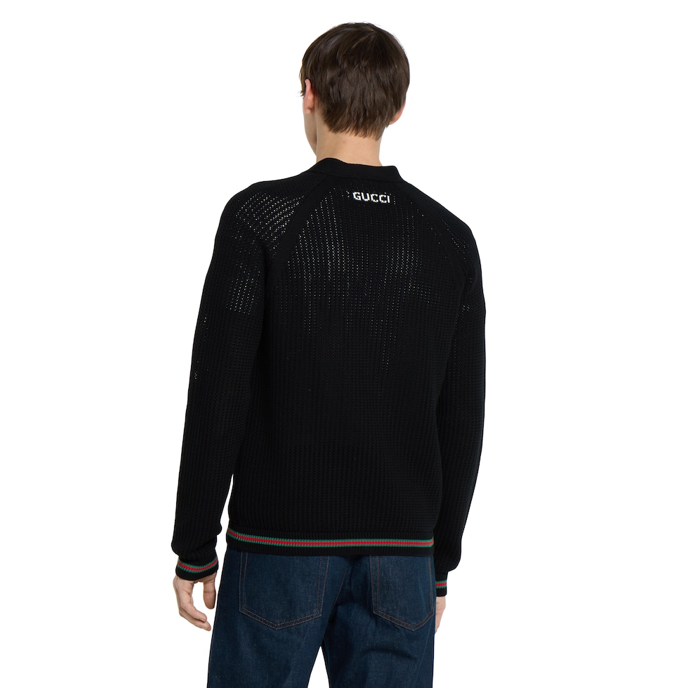 ウェブ ストライプ付き コットンニット カーディガン ・ブラック