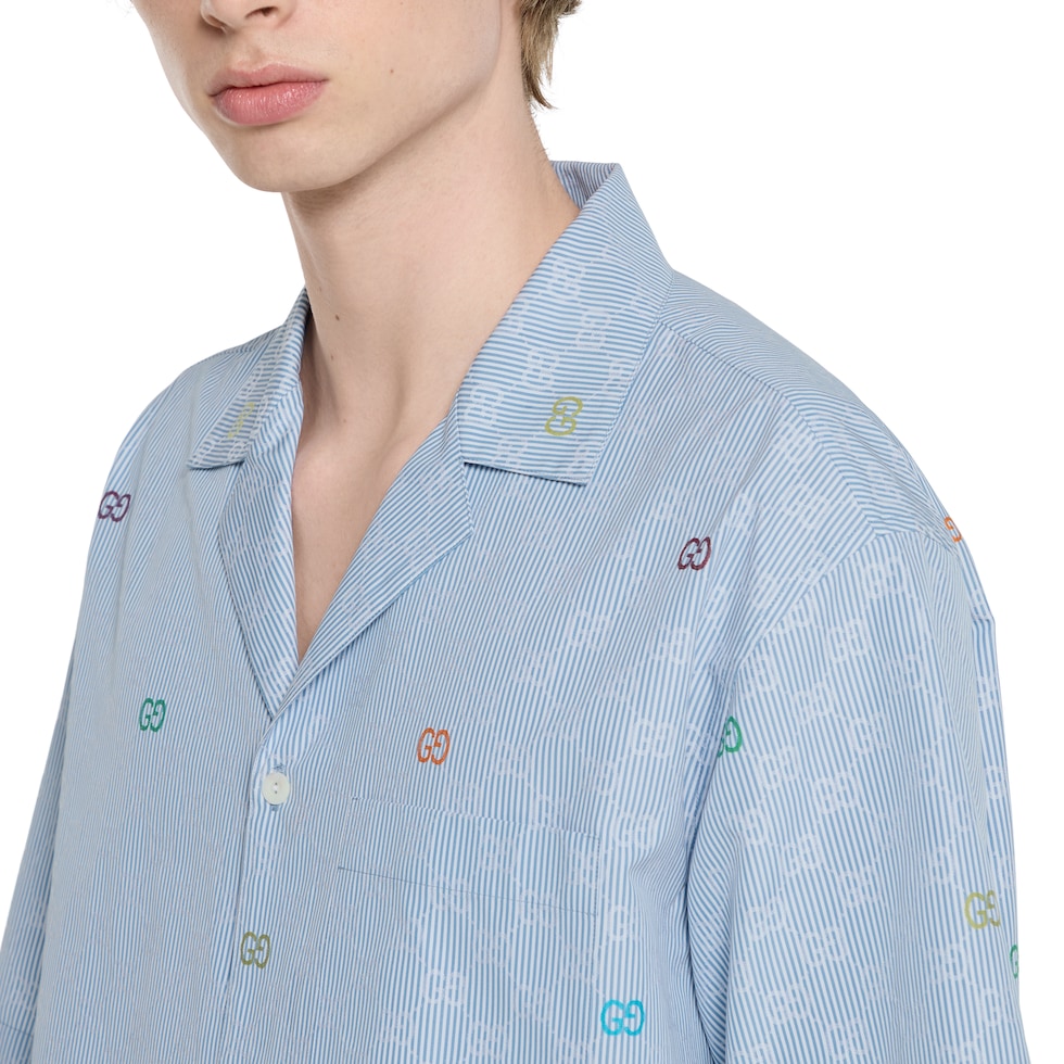 ストライプ コットン ボウリングシャツ ・ライトブルー＆ホワイト