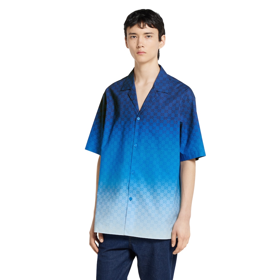 プリント コットンポプリン ボウリングシャツ ・ブルー グラデーション