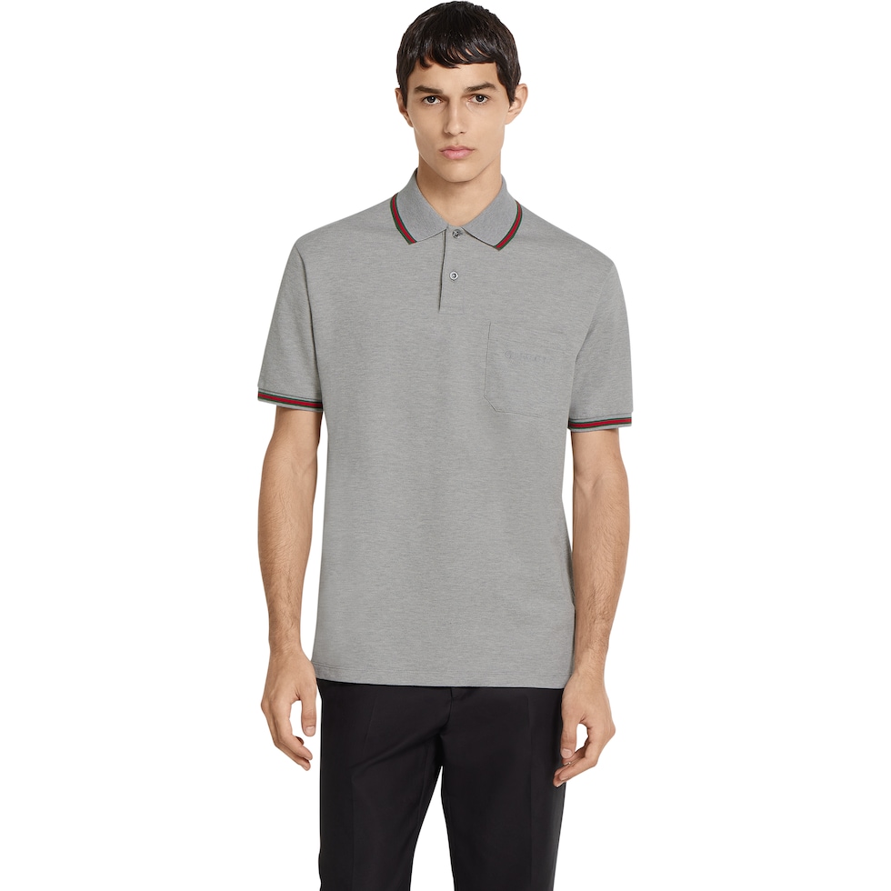 Cotton piquet polo shirt with embroidery in grey mélange | GUCCI® US