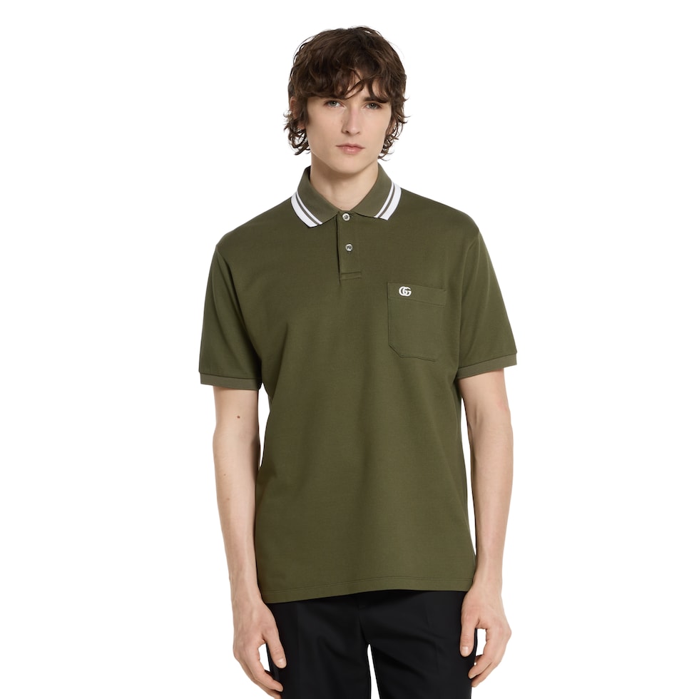 Cotton piquet polo shirt with embroidery in forest green