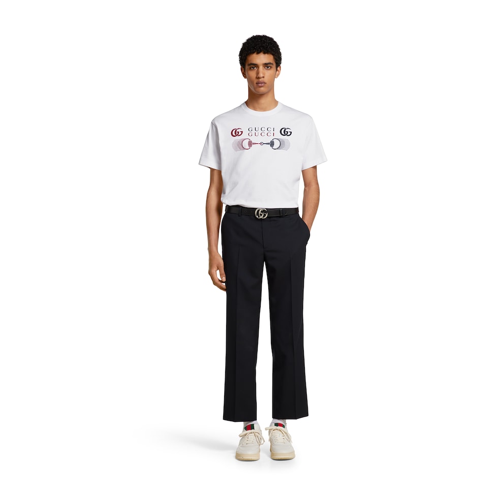 グッチのやつ Printed cotton jersey T-shirt in white | GUCCI® US