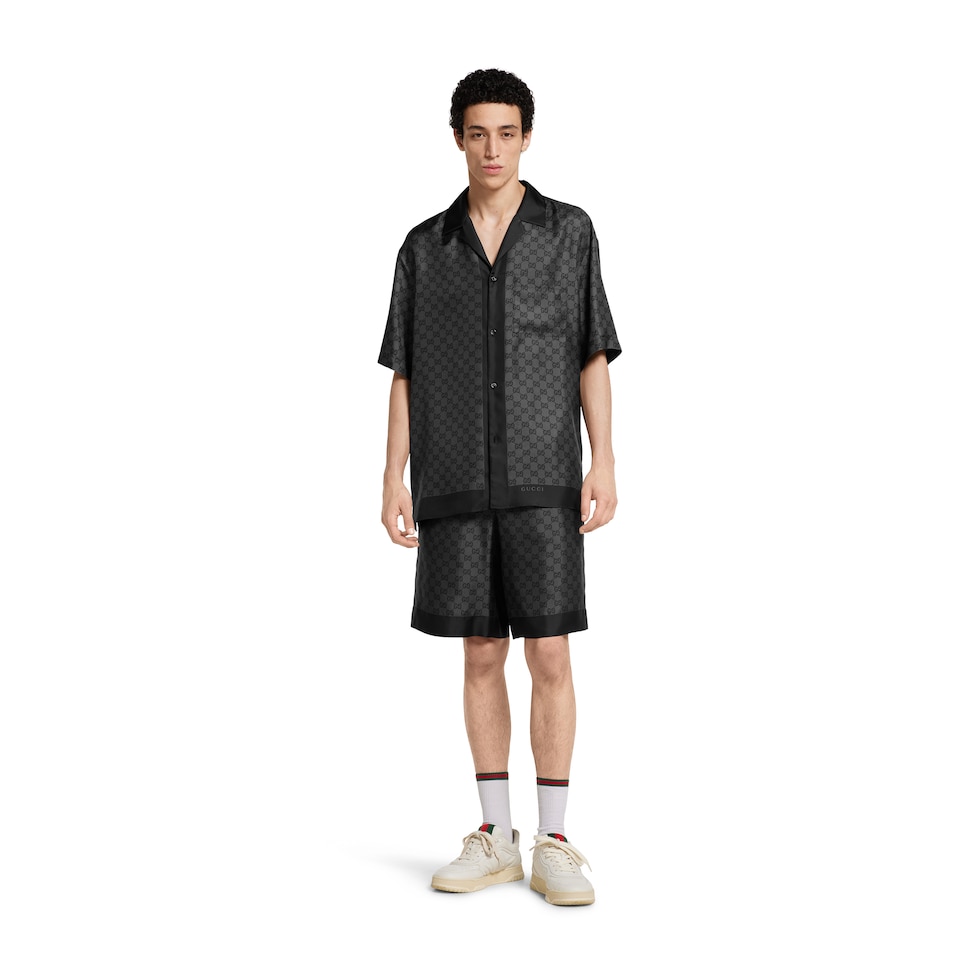 Printed silk twill bowling shirt in grey and black | GUCCI® US