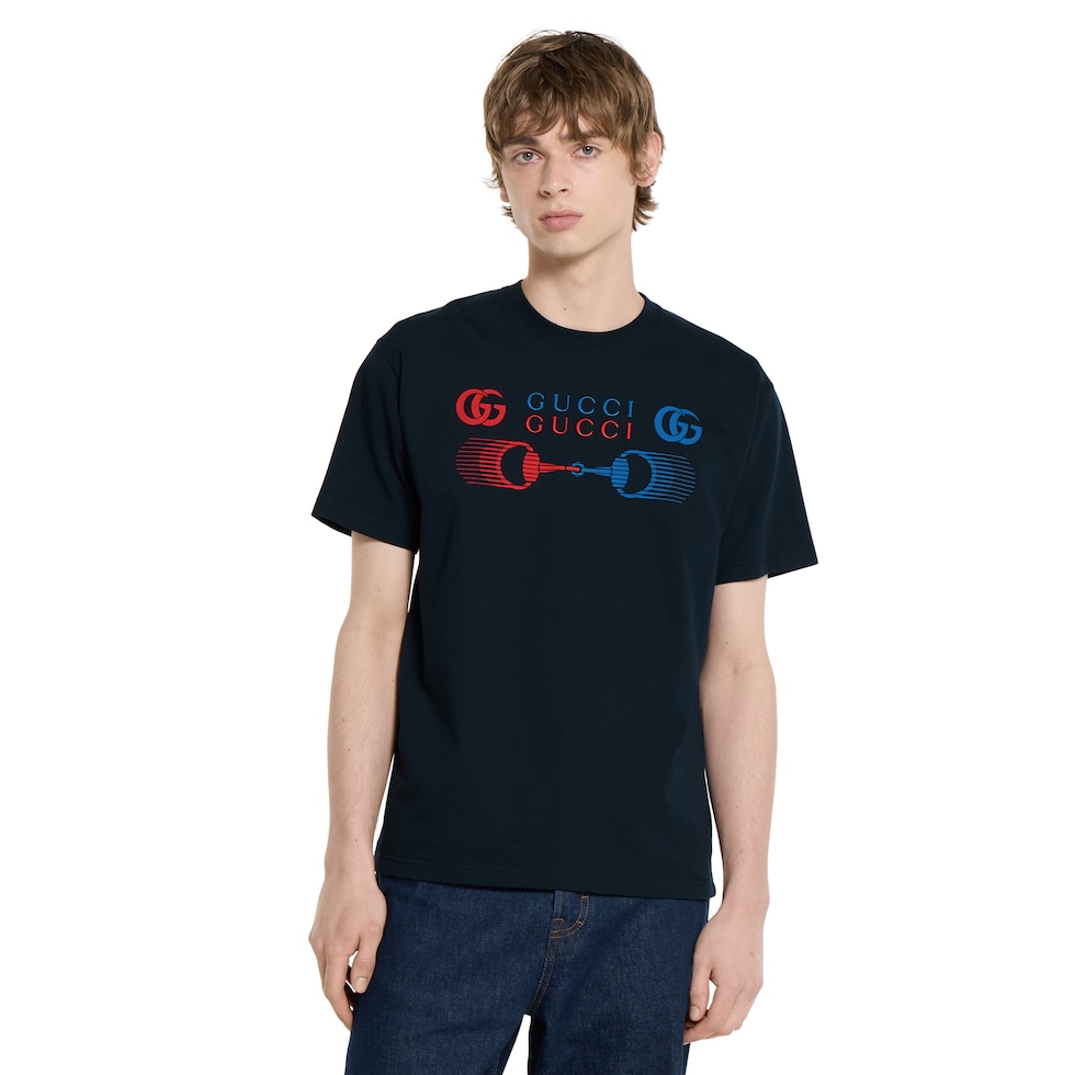 Printed cotton jersey T-shirt in navy | GUCCI® FR