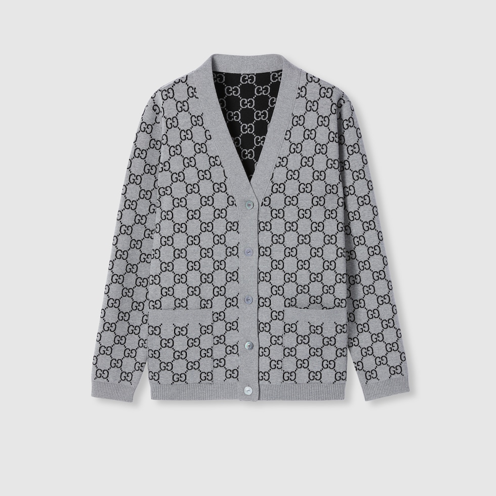 GUCCI カーディガン シルク G柄 Reversible GG wool jacquard cardigan in grey and black