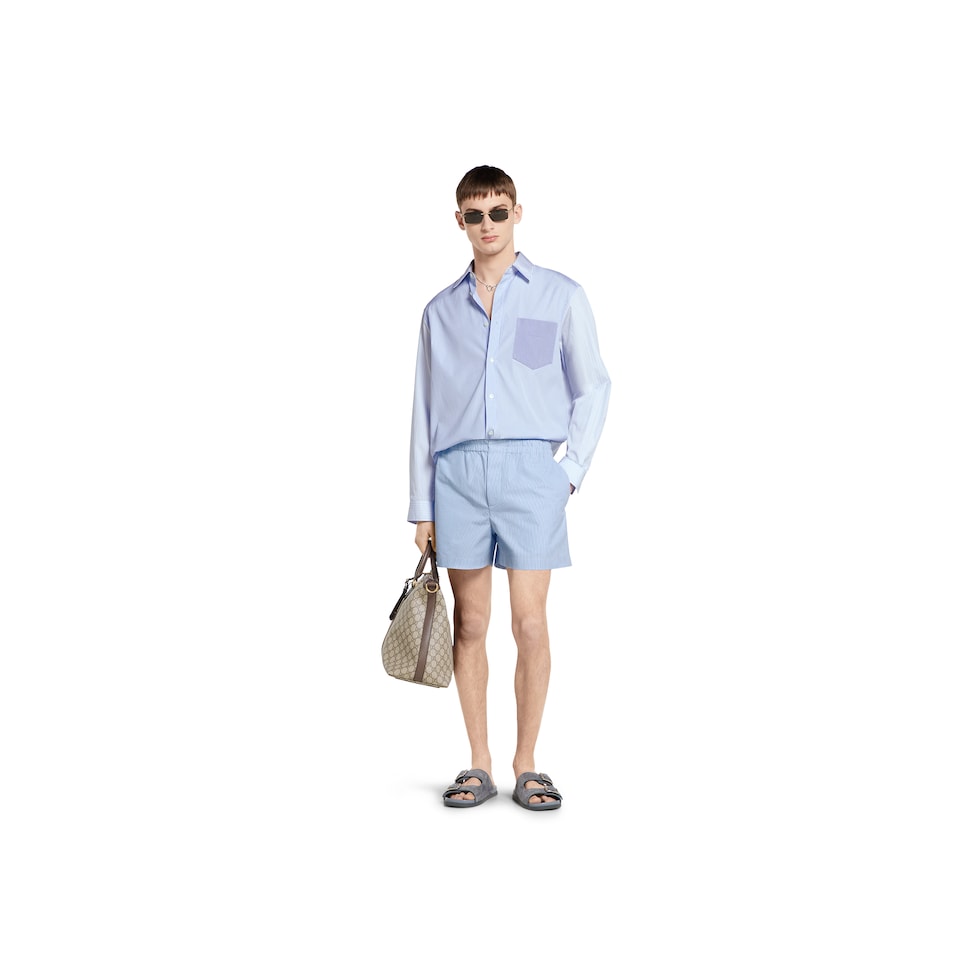Striped cotton shorts with embroidery in light blue | GUCCI® US