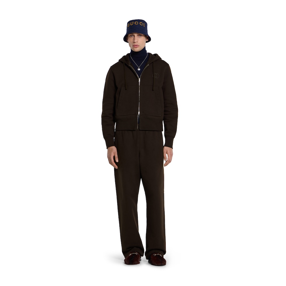 Brushed cotton jersey zip sweatshirt in dark brown | GUCCI® US