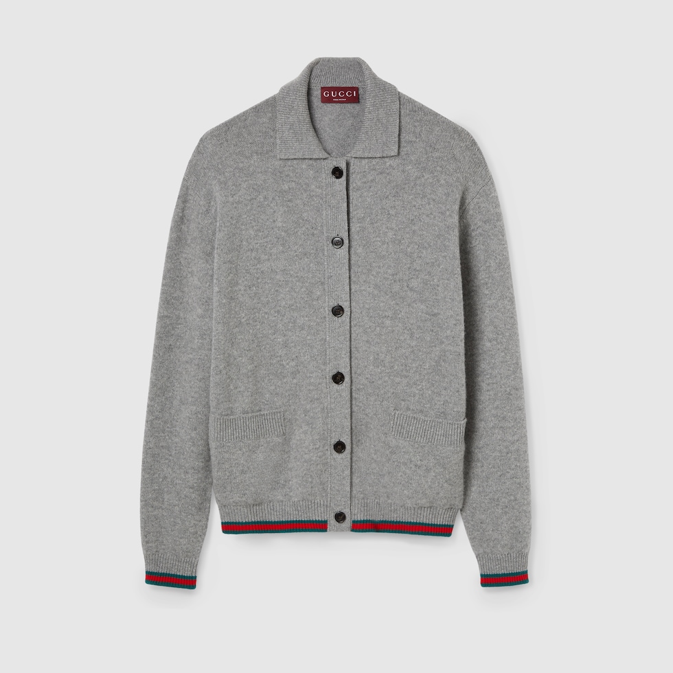美品　GUCCI 　ウール　カーディガン　グッチ ウェブ ストライプ ウール＆カシミア カーディガン ・グレー